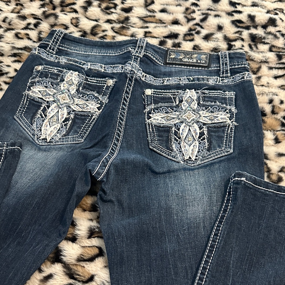 Grace Dark Blue Boot Cut Jeans with Cross Embellishments